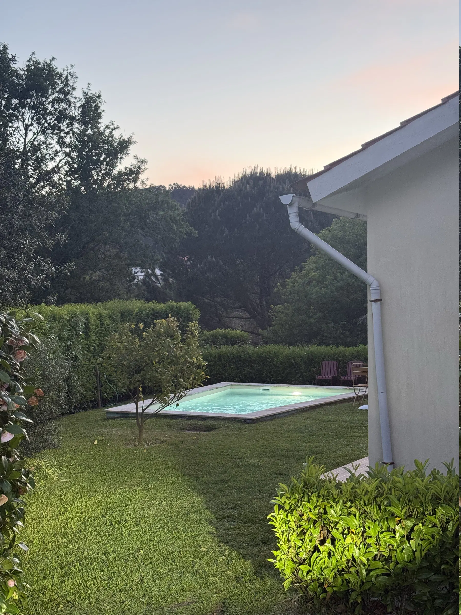 A piscina iluminada ao anoitecer, com o relvado, a sebe e o monte a escurecer atrás.