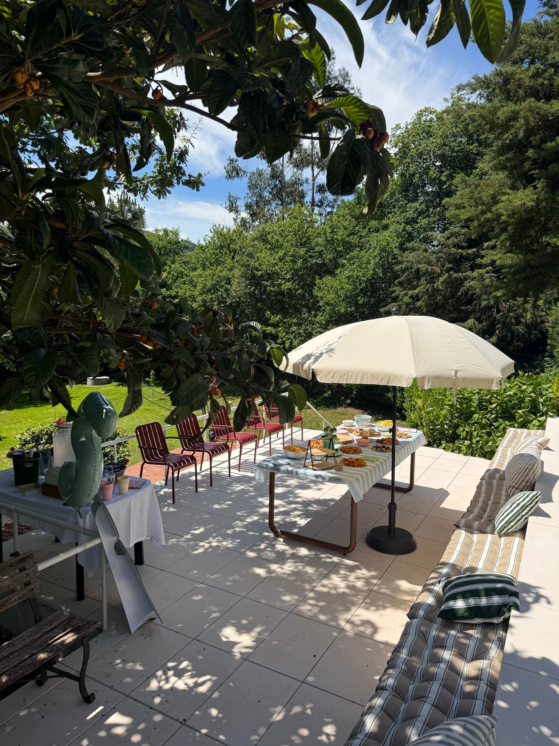 O pátio com a mesa posta e guarda-sol, debaixo dos ramos da nespereira, com espreguiçadeiras e o relvado em fundo.